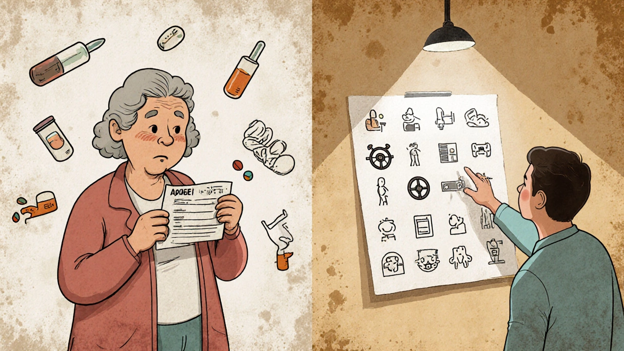 Elderly woman confused by medication labels, pharmacist explaining with clear poster beside her.