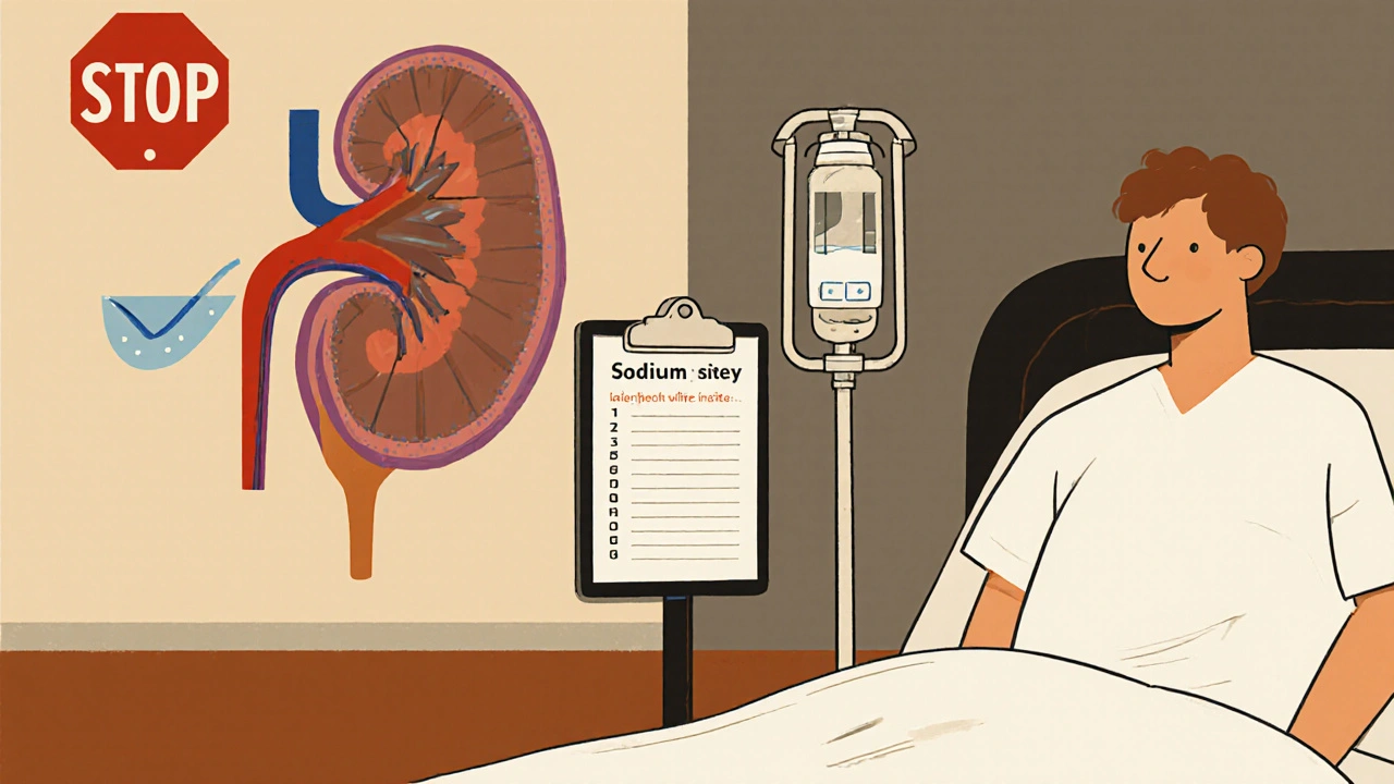 Hospital scene with IV conivaptan drip and kidney mural showing sodium correction limits.