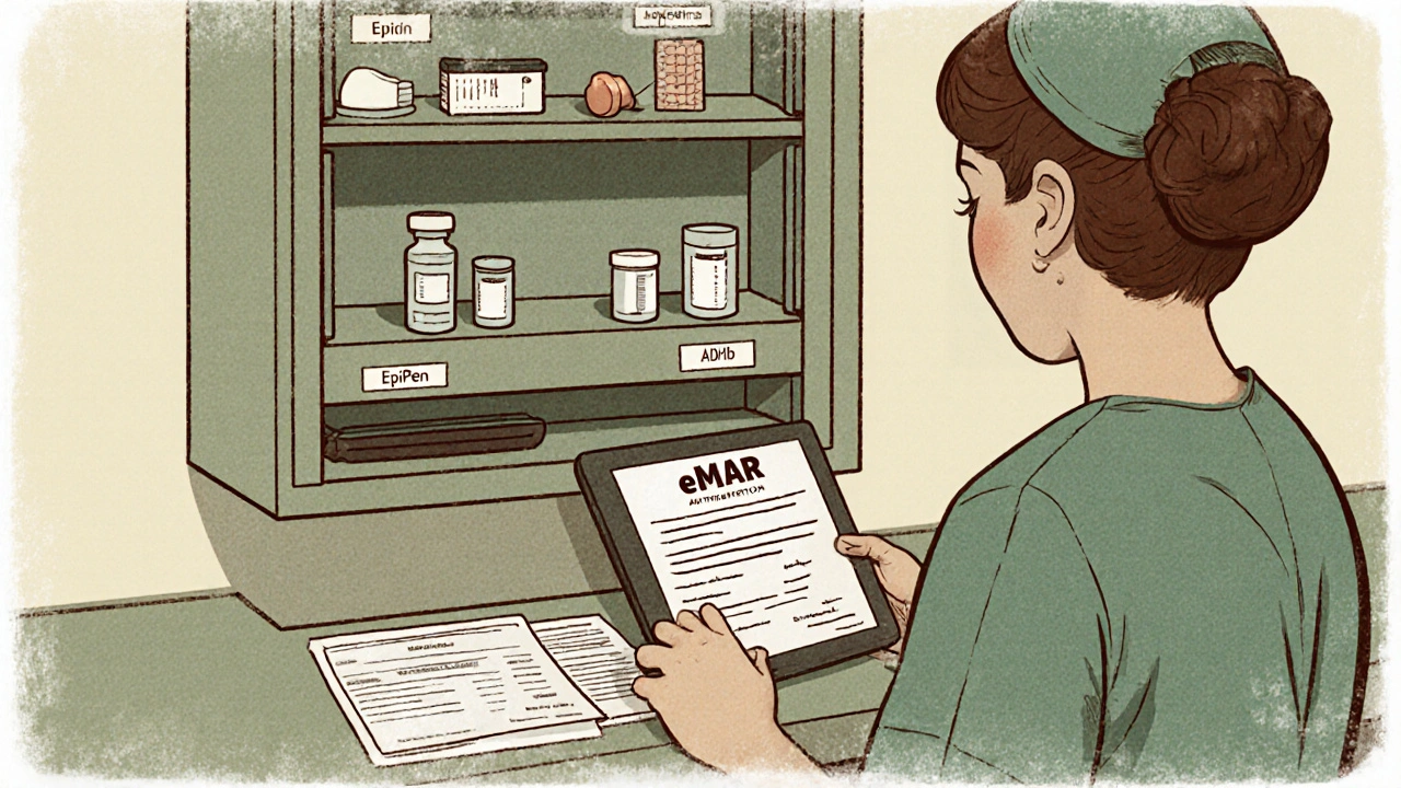 Locked medication cabinet with labeled supplies and nurse checking digital record