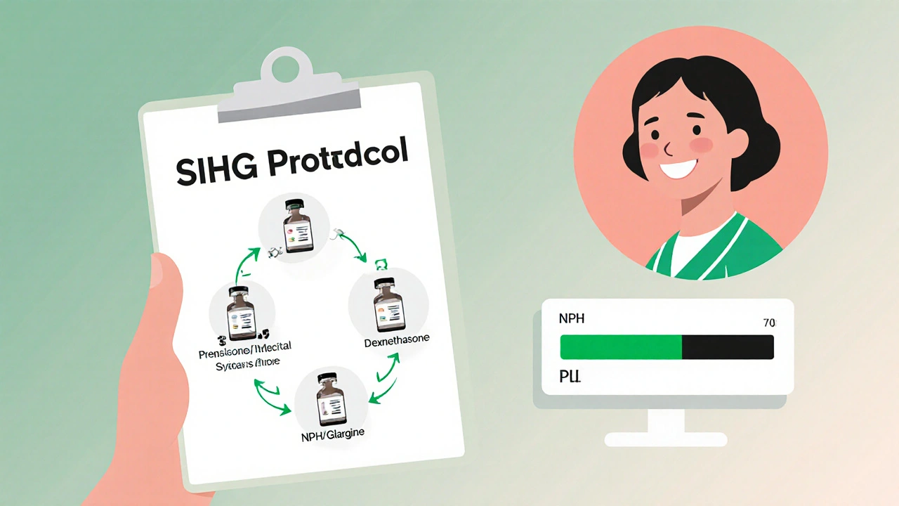 Nurse holding protocol chart linking steroids to matching insulins with glucose monitor