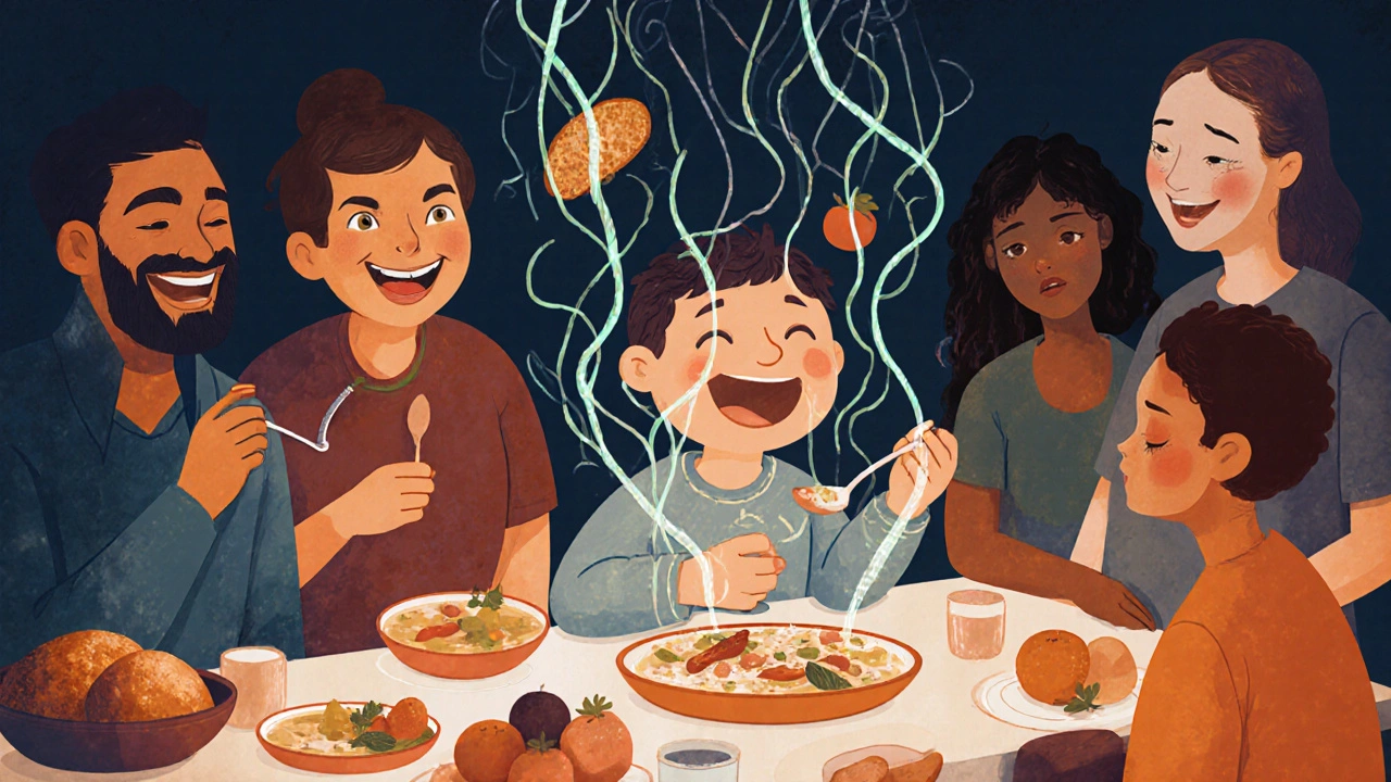 Patient enjoying a meal with family, PEG tube discreetly visible, food and laughter in scene.