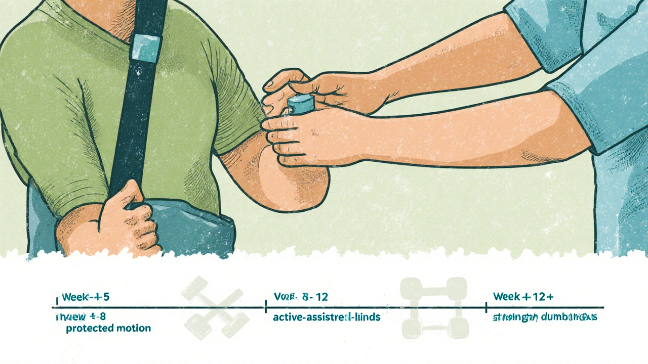 Patient receiving passive shoulder movement therapy with phased rehab timeline shown visually