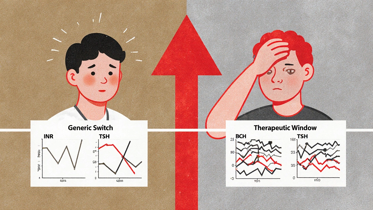 Patient with stable health on one side, crisis on the other, separated by generic switch arrow.
