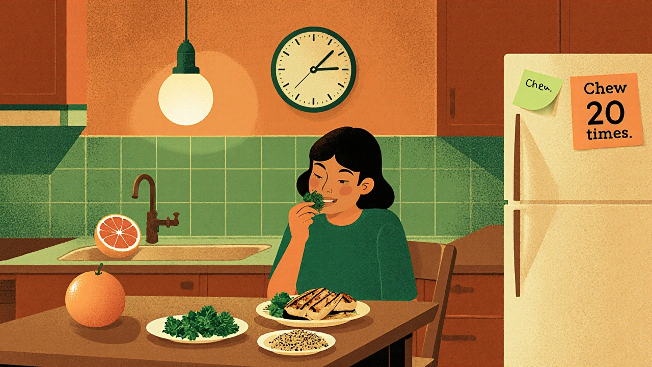 Person eating small meal with grapefruit discarded, clock showing evening time