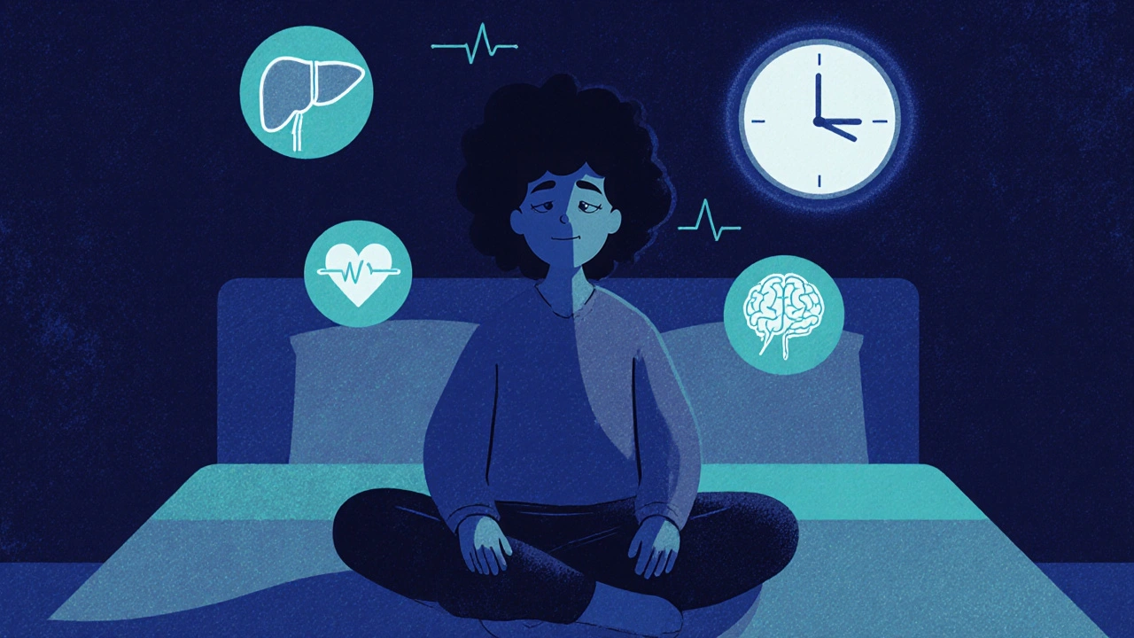 Person meditating at night with glowing mindfulness circles and moon clock
