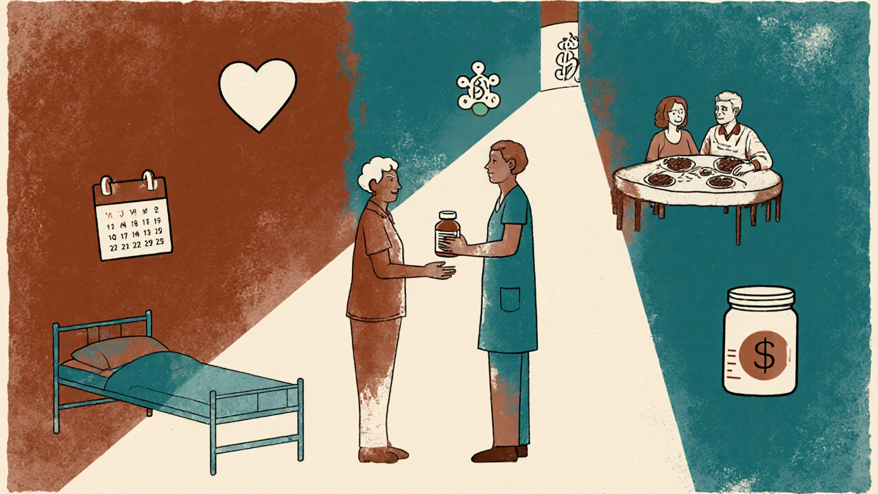 Pharmacist giving a generic pill to an elderly patient, with a path leading from hospital to family dinner, surrounded by health and savings icons.