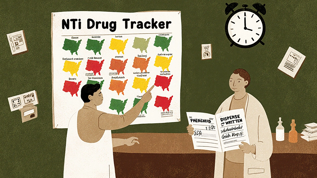 Pharmacist pointing to a state-by-state NTI drug substitution chart on a wall.
