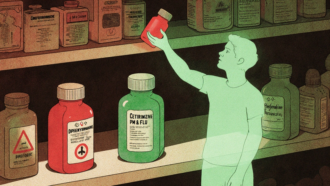 Pharmacy shelf with dangerous red-labeled meds vs. safe green alternatives, symbolic warning