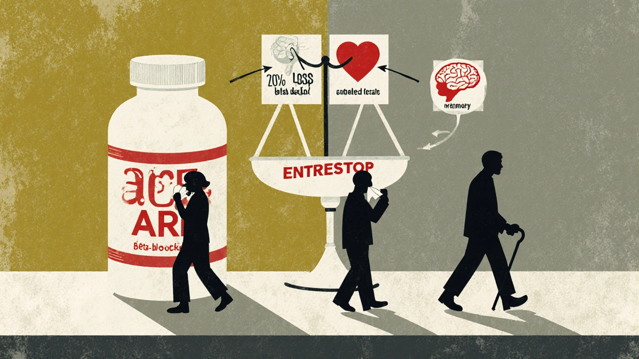 Pharmacy shelf with three drug bottles casting shadow silhouettes, balanced by heart and brain icons in risograph aesthetic.