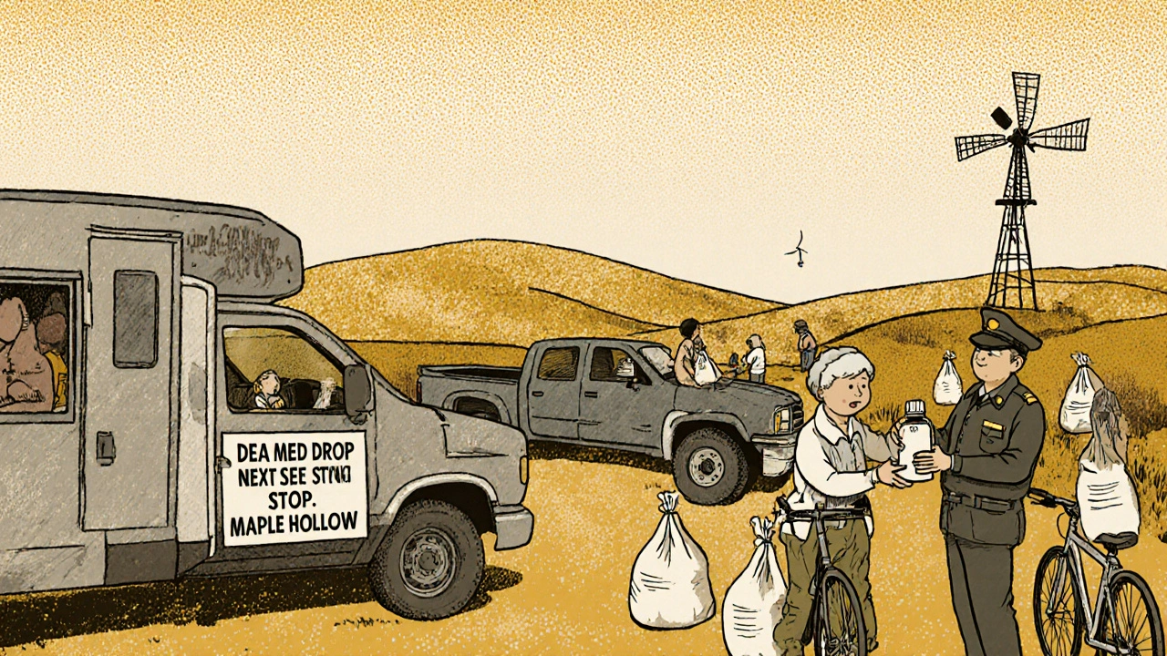 Rural residents line up to drop off medications at a DEA mobile collection van parked on a roadside.