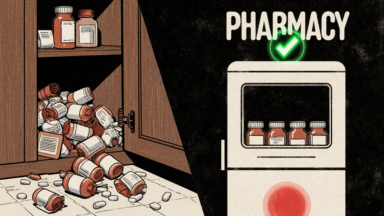 Split image: messy medicine cabinet vs. neatly disposed pills in a secure collection bin at a pharmacy.