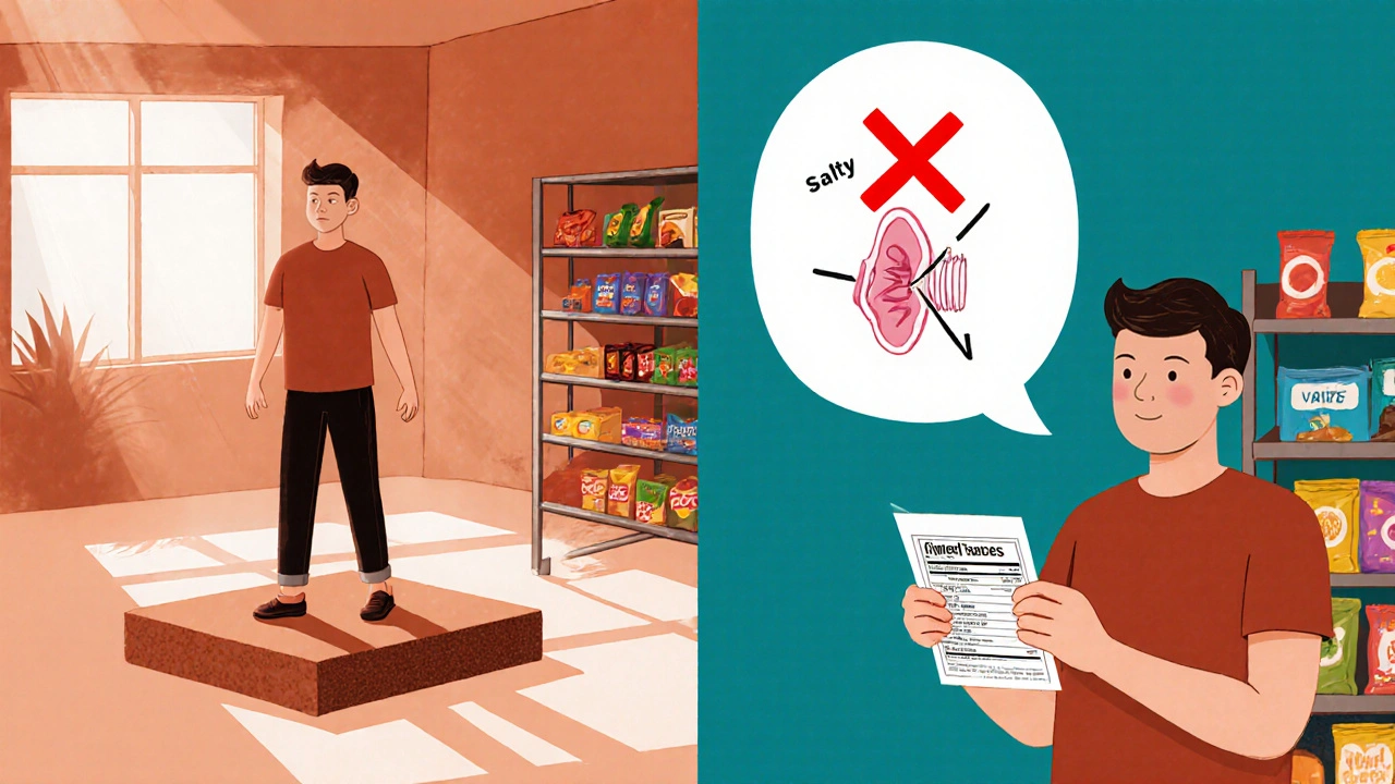 Split scene: man doing balance exercises and reading food labels, inner ear diagram shows pressure reduction.
