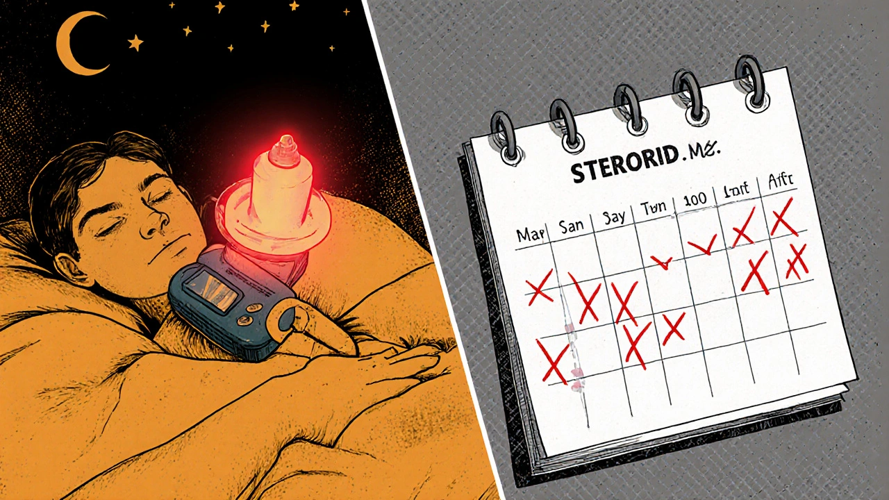 Split scene of nighttime CGM alert and decreasing steroid doses with adjusted insulin