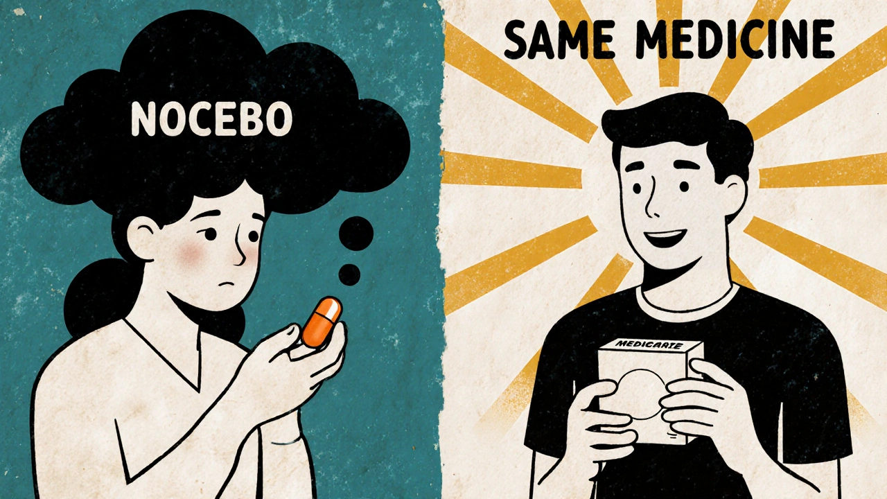 Split scene: patient fearful of plain pill vs. same pill in branded box, sunburst signals relief and truth.