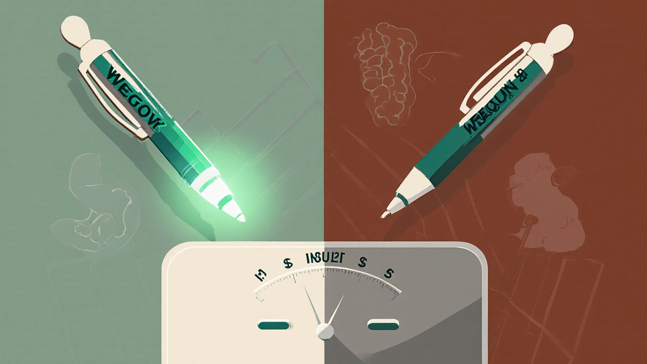 Two medication pens compared: one lifting weight and lowering blood sugar, the other pulling weight down.