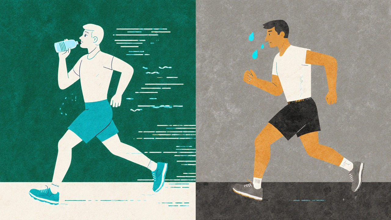 Two people exercising: one energized with water, the other drained and fading.