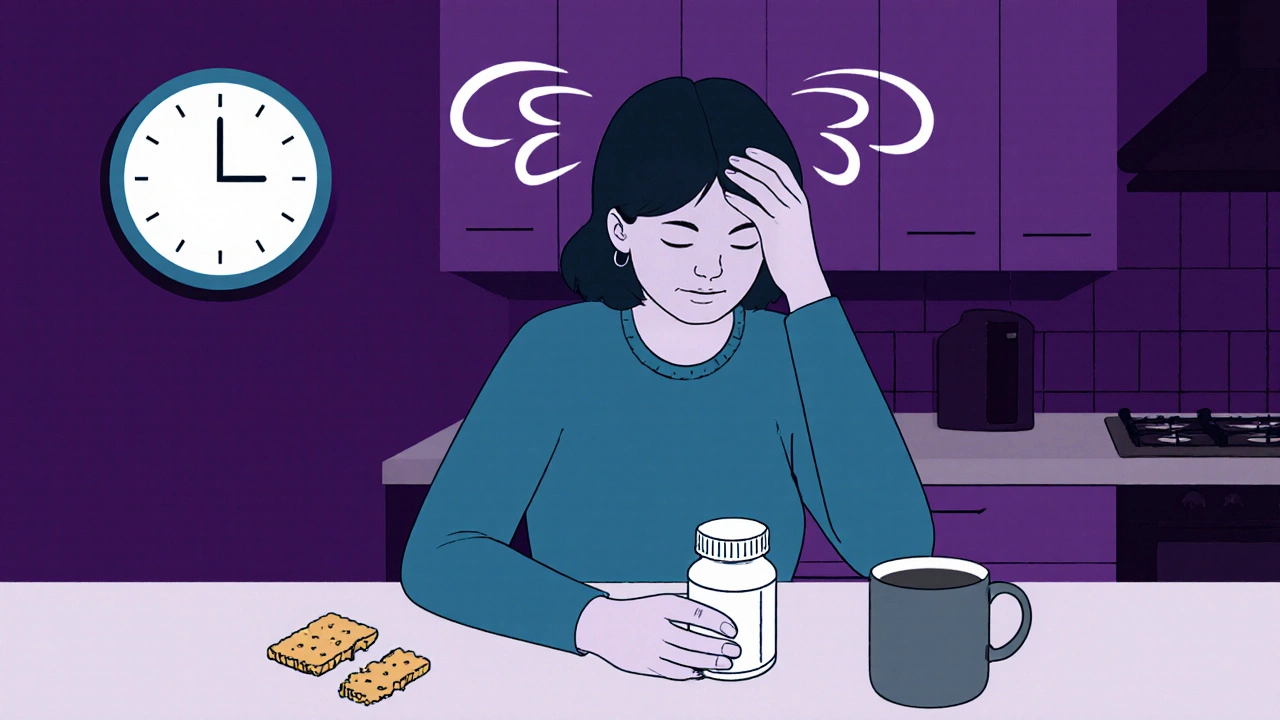 Woman holding head in kitchen at night, empty pill bottle and swirling dizziness lines around her.