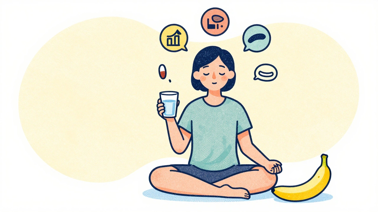 A calm person meditating with water and banana, surrounded by safe alternatives like magnesium and sleep symbols.