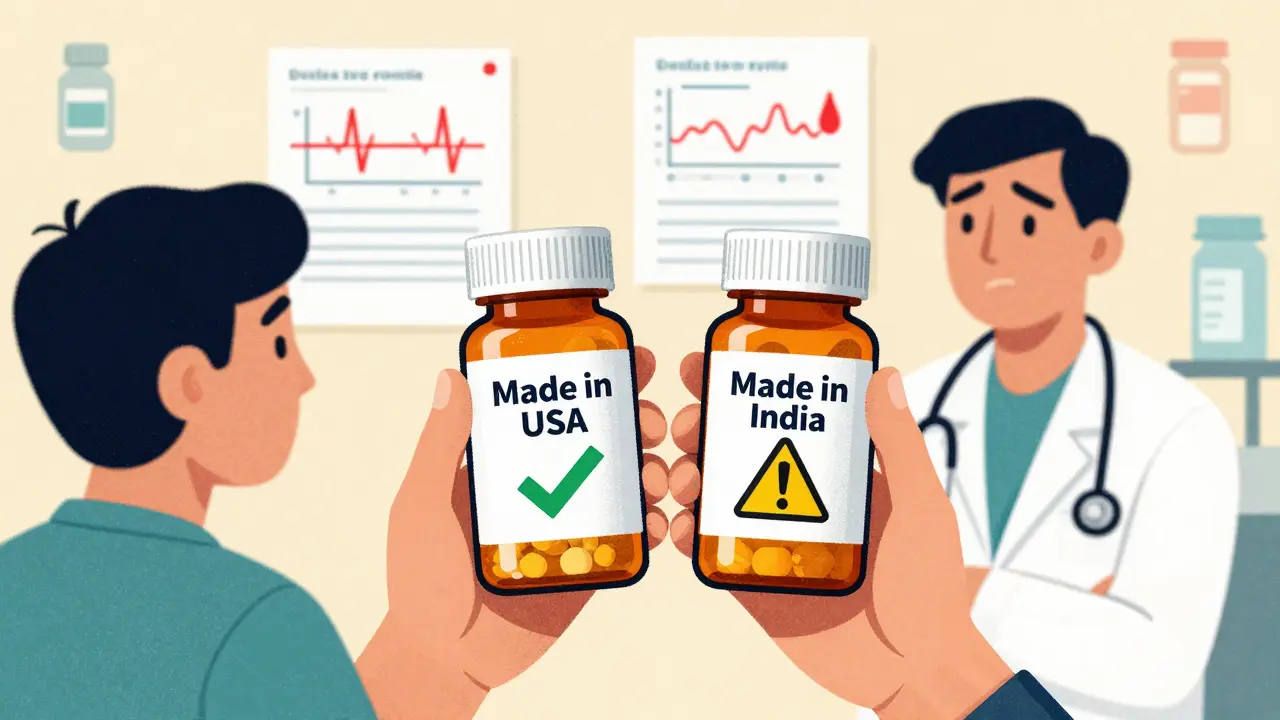 A clinician compares two generic pill bottles—one from the U.S., one from India—with patient health data floating nearby.