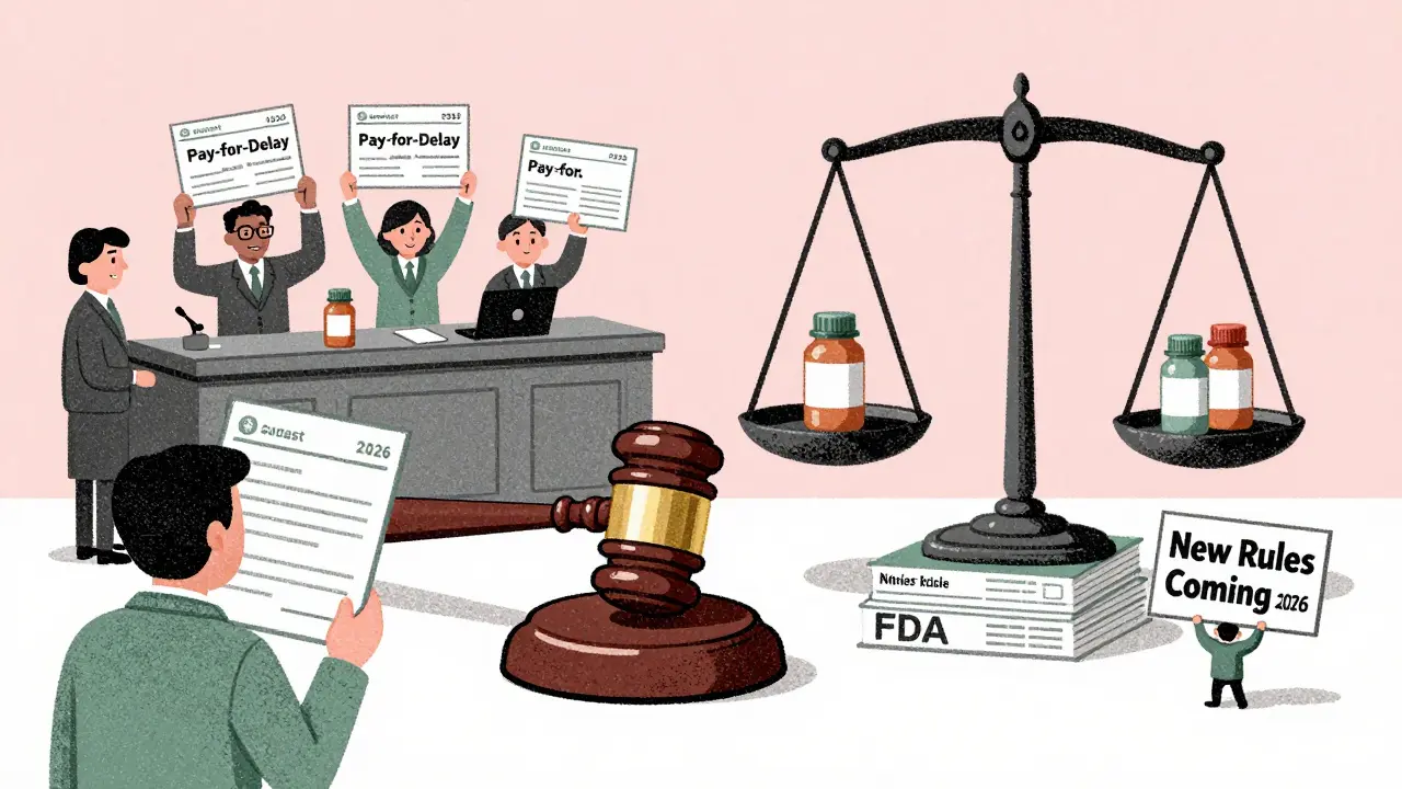 A courtroom scale tilts toward corporate logos while patients hold empty medicine bottles.