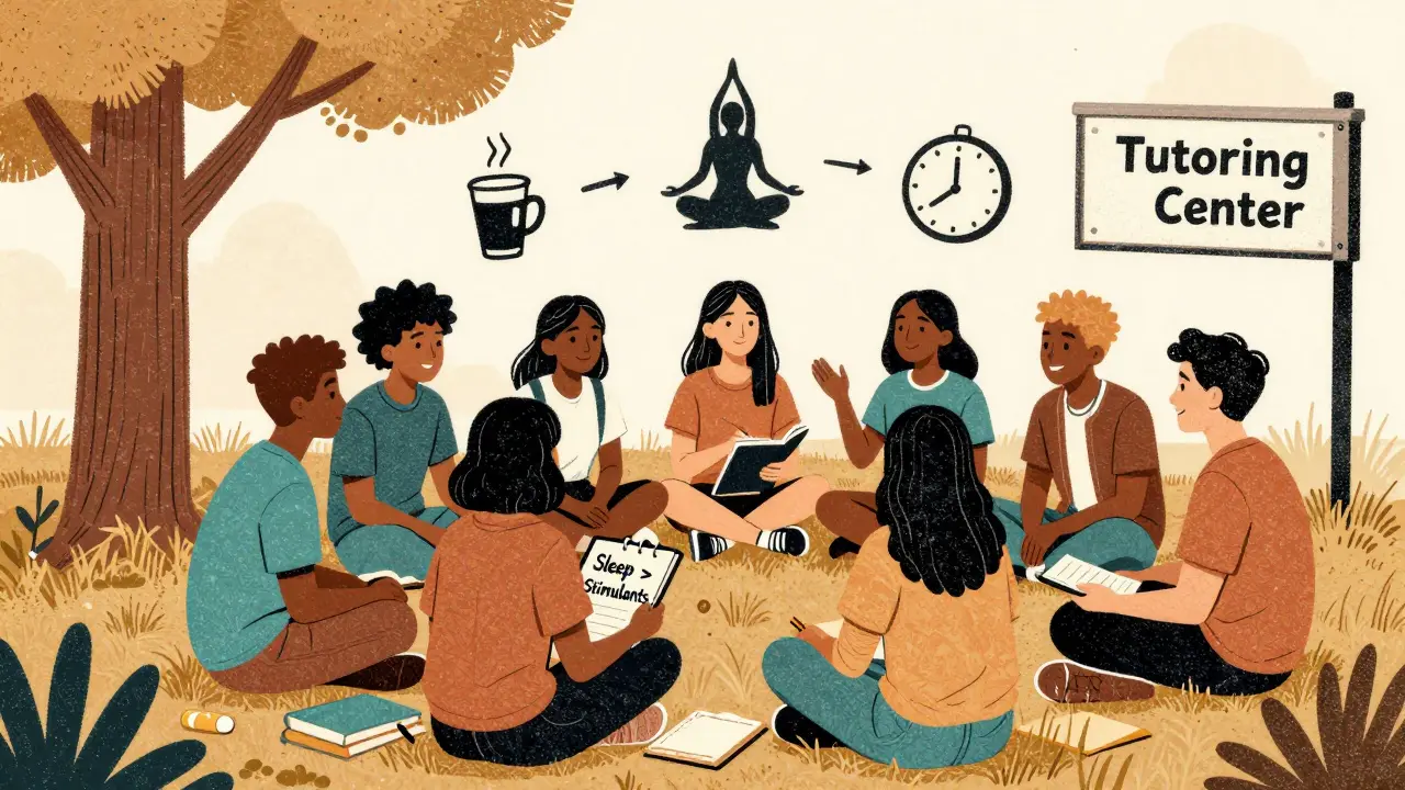 A group of students talking on campus grass, surrounded by symbols of healthy study habits instead of pills.