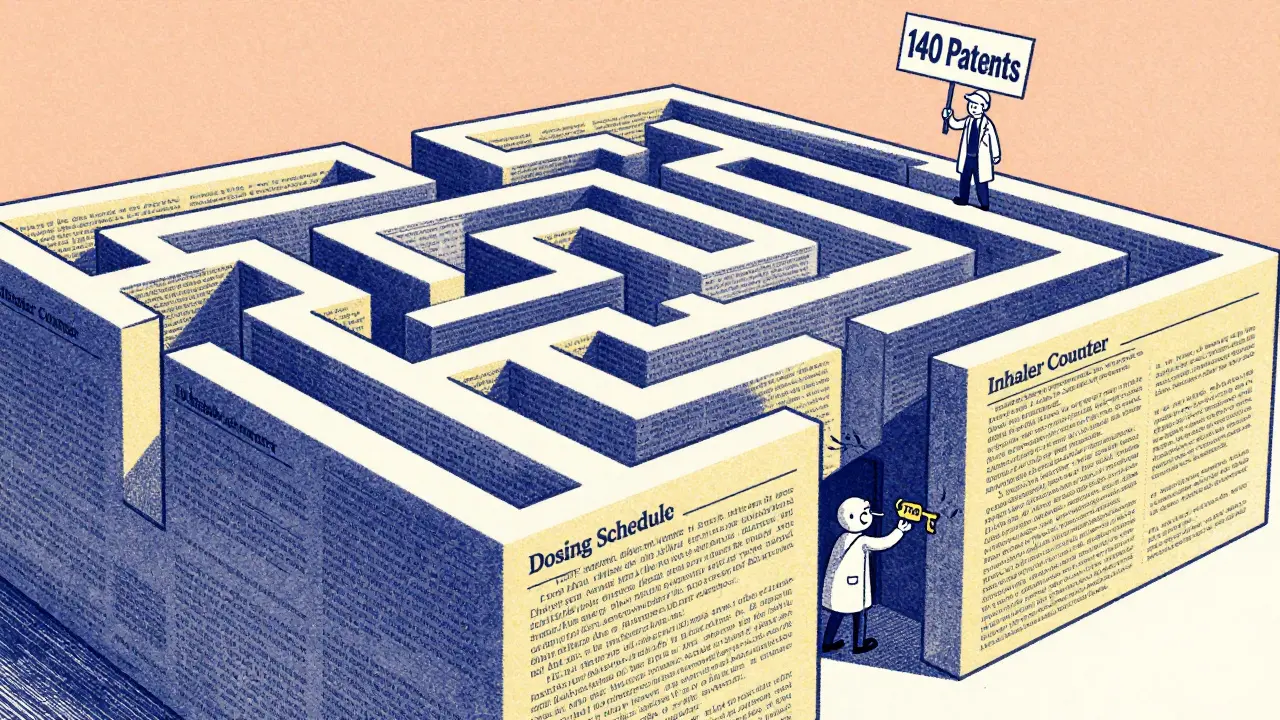 A maze of patent documents blocks a generic manufacturer’s path, in faded vintage colors.