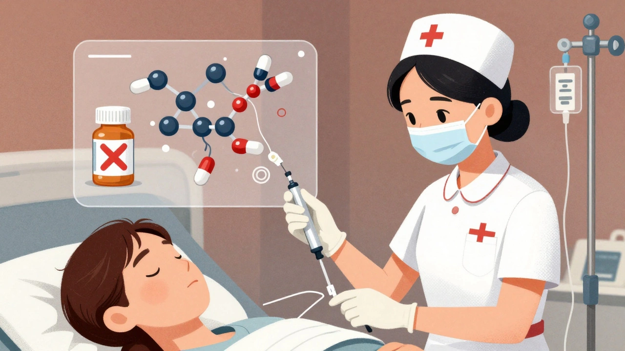 A nurse giving nalbuphine to a postpartum patient, with opioid receptors and a discarded Benadryl bottle in the background.