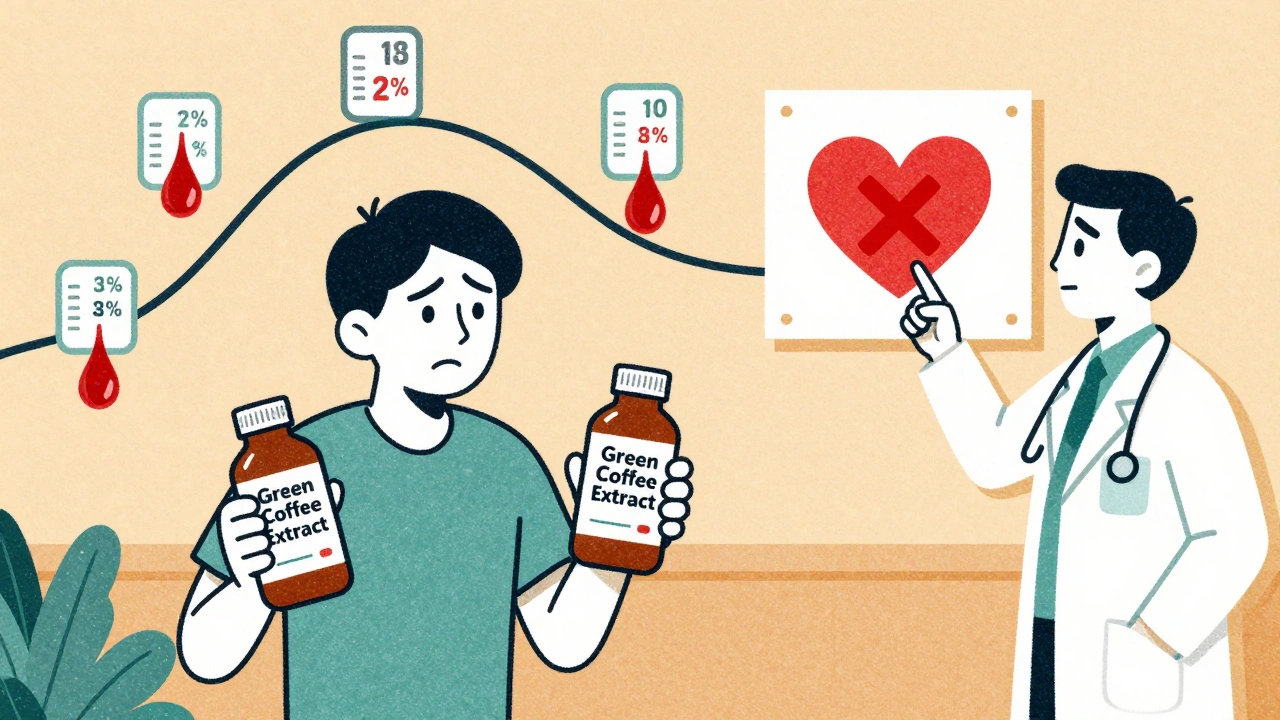 A patient holding two unregulated green coffee bottles as blood pressure readings spike and crash around them.