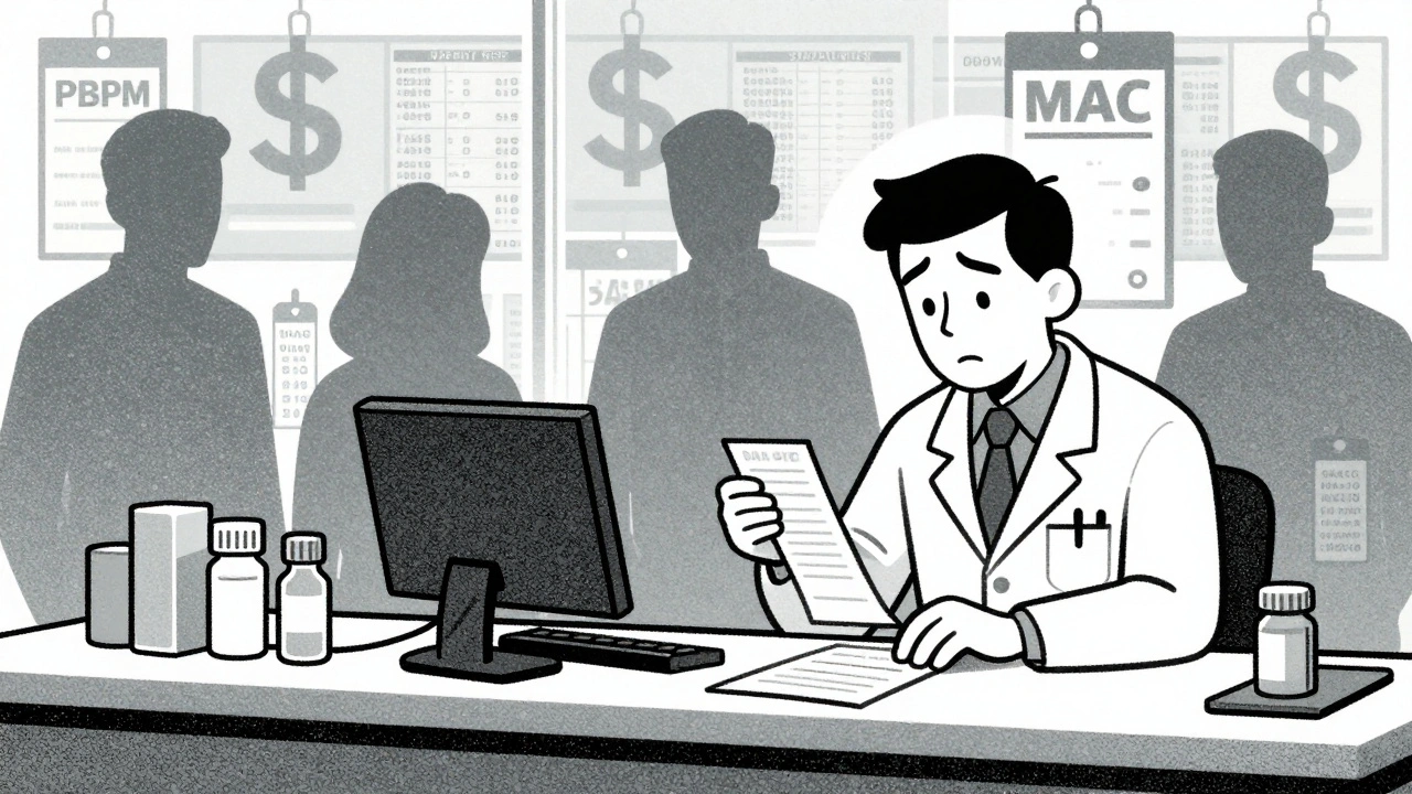 A pharmacist at a counter surrounded by hidden cost symbols from PBMs and wholesalers in muted tones.