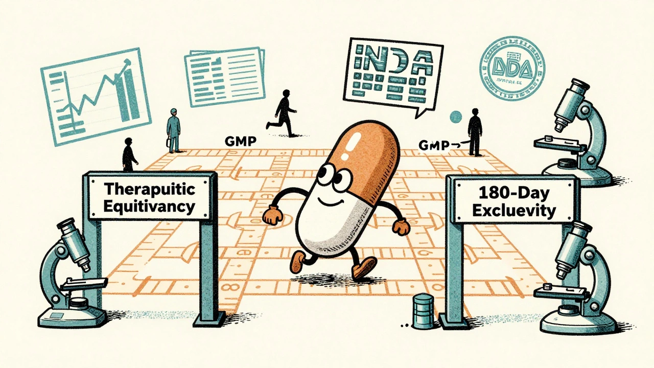 A pill navigating a whimsical approval course with FDA checks and exclusivity gates in risograph style.
