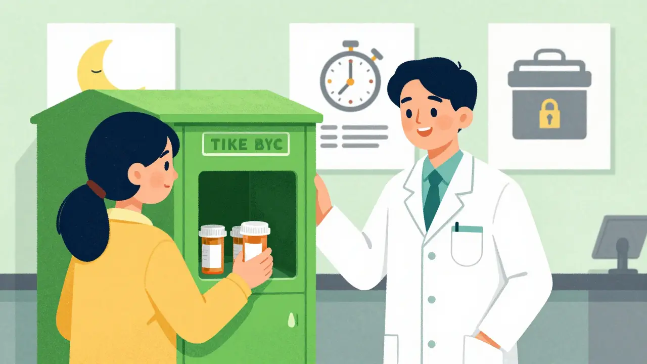 A student disposing of unused pills in a campus take-back kiosk as a pharmacist watches supportively.