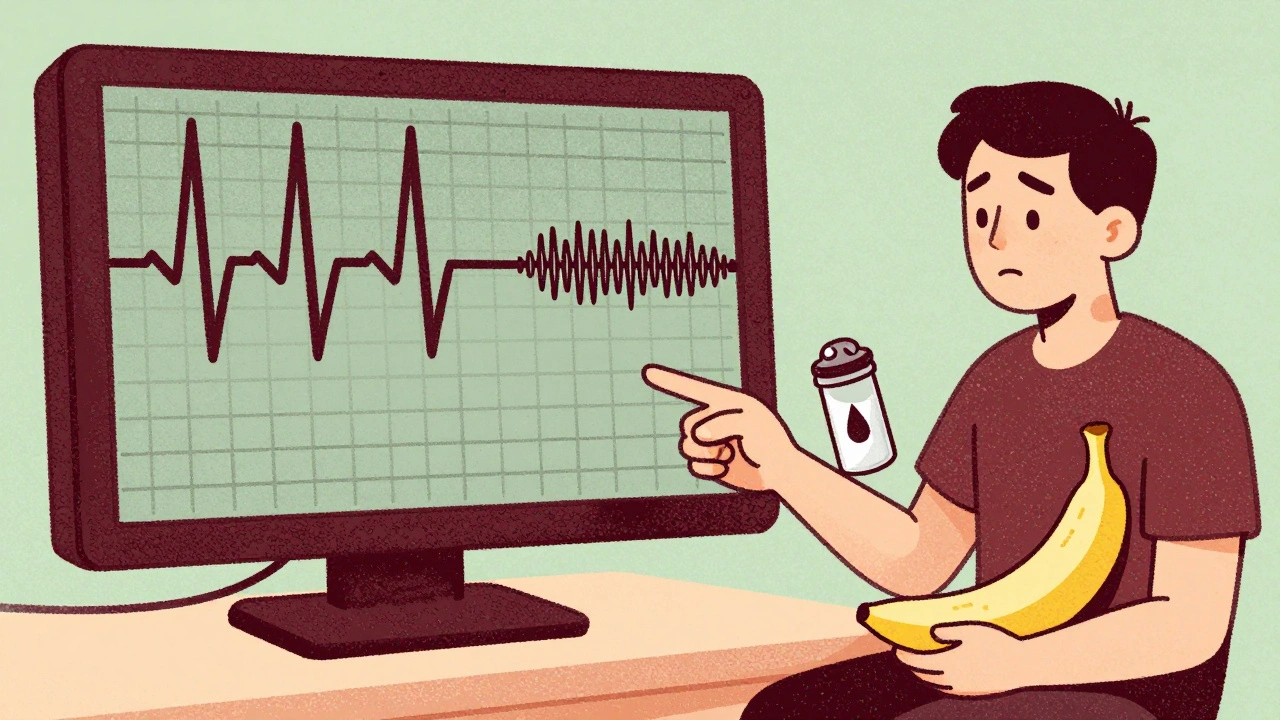 An ECG showing dangerous wave patterns while a patient holds high-potassium foods.