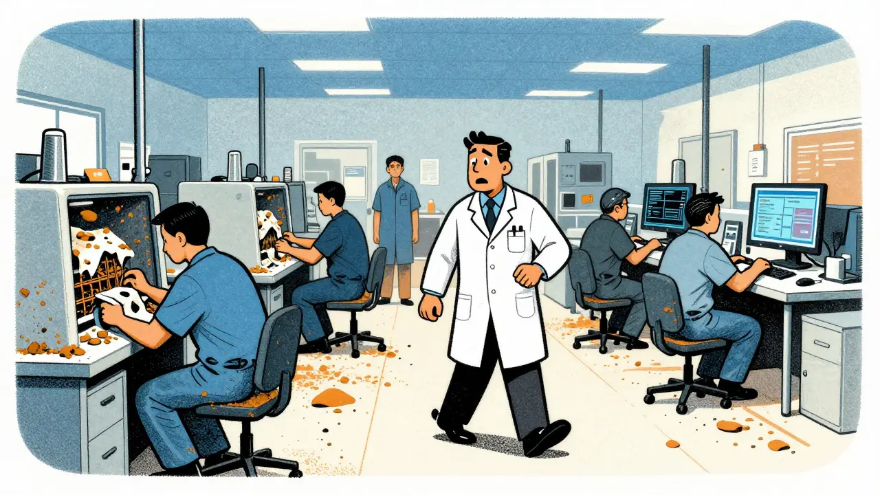 An FDA inspector observes a staged overseas factory versus a真实 U.S. inspection, highlighting inspection disparities.