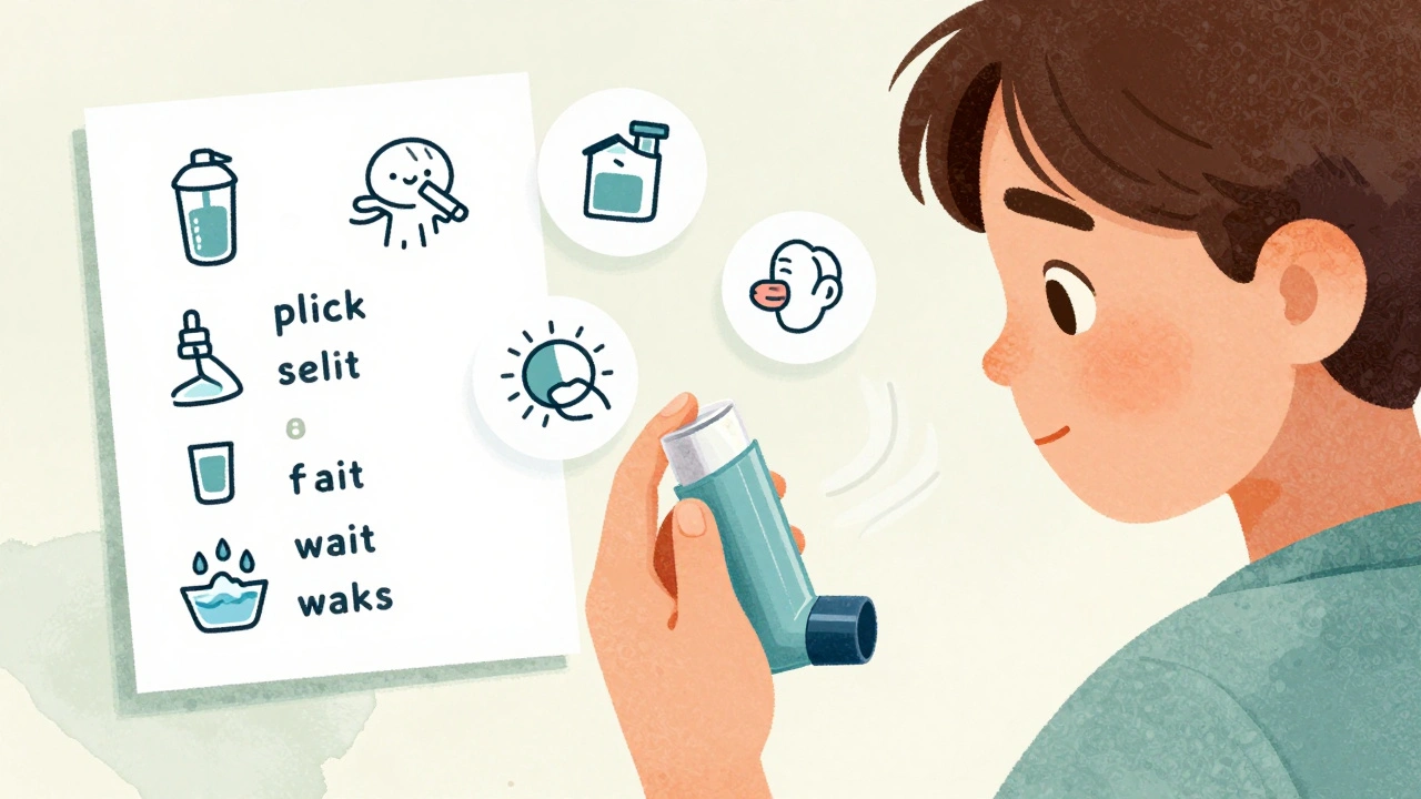 Close-up of child pressing inhaler into spacer with floating step icons, no text, warm illustrative style.