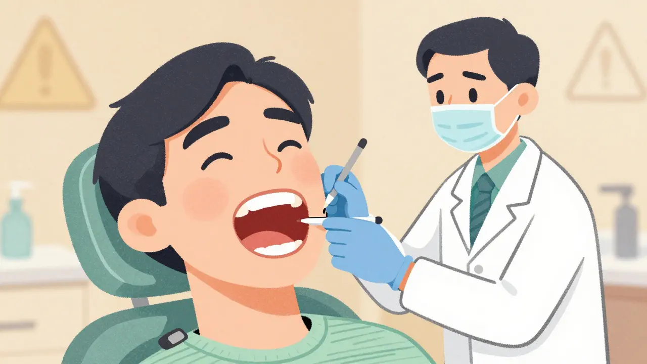 Dentist examining a patient’s jaw with healthy and exposed bone shown side by side.