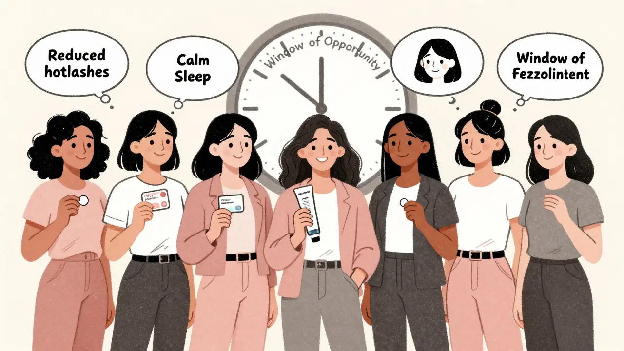 Diverse women holding non-hormonal menopause treatments with positive thought bubbles.