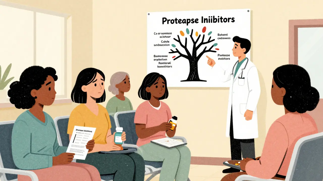 Diverse women in clinic with doctor explaining drug interactions on a wall chart.