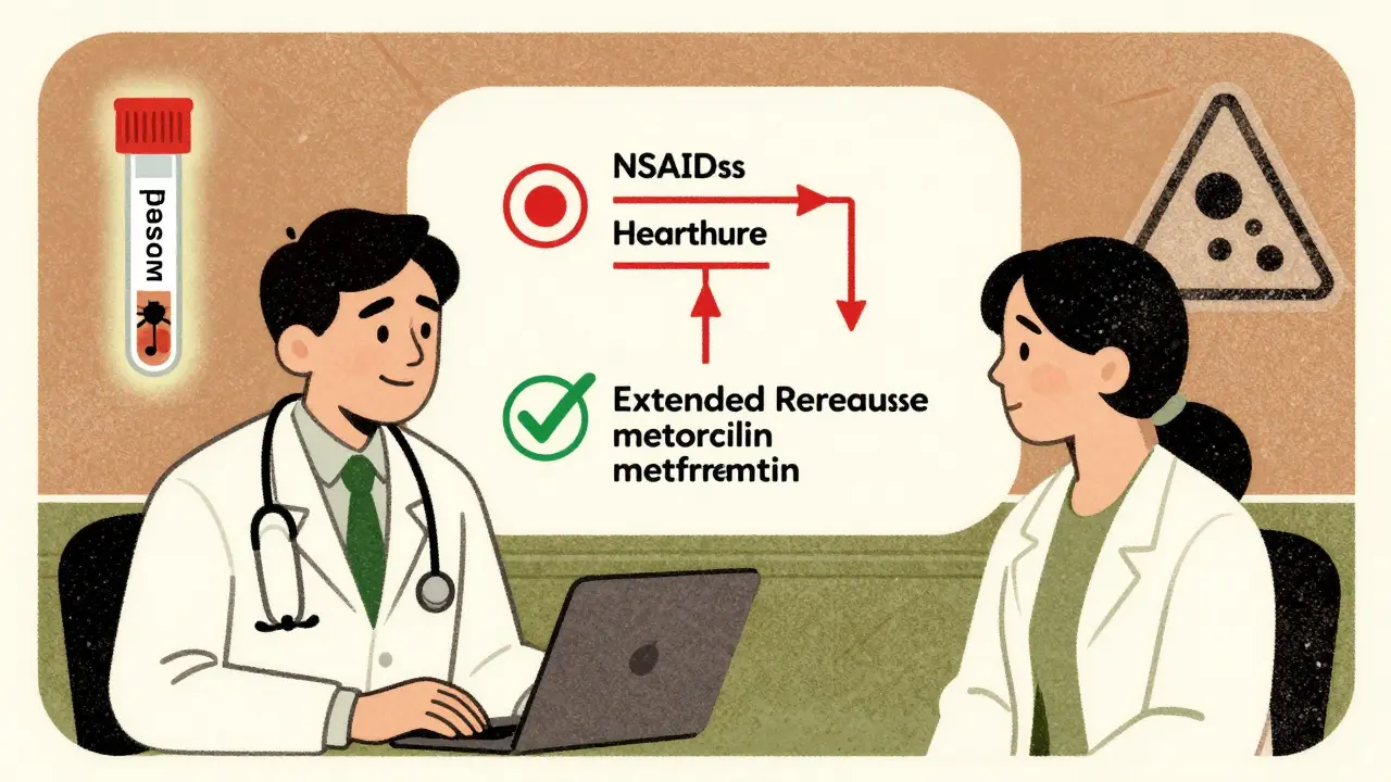 Doctor and patient discussing medication alternatives, flowchart showing safer options and genetic testing