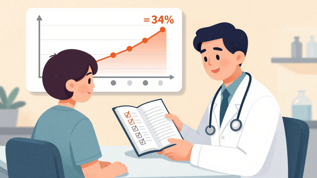 Doctor and patient reviewing a symptom journal with a chart showing increased tremor risk from multiple medications.