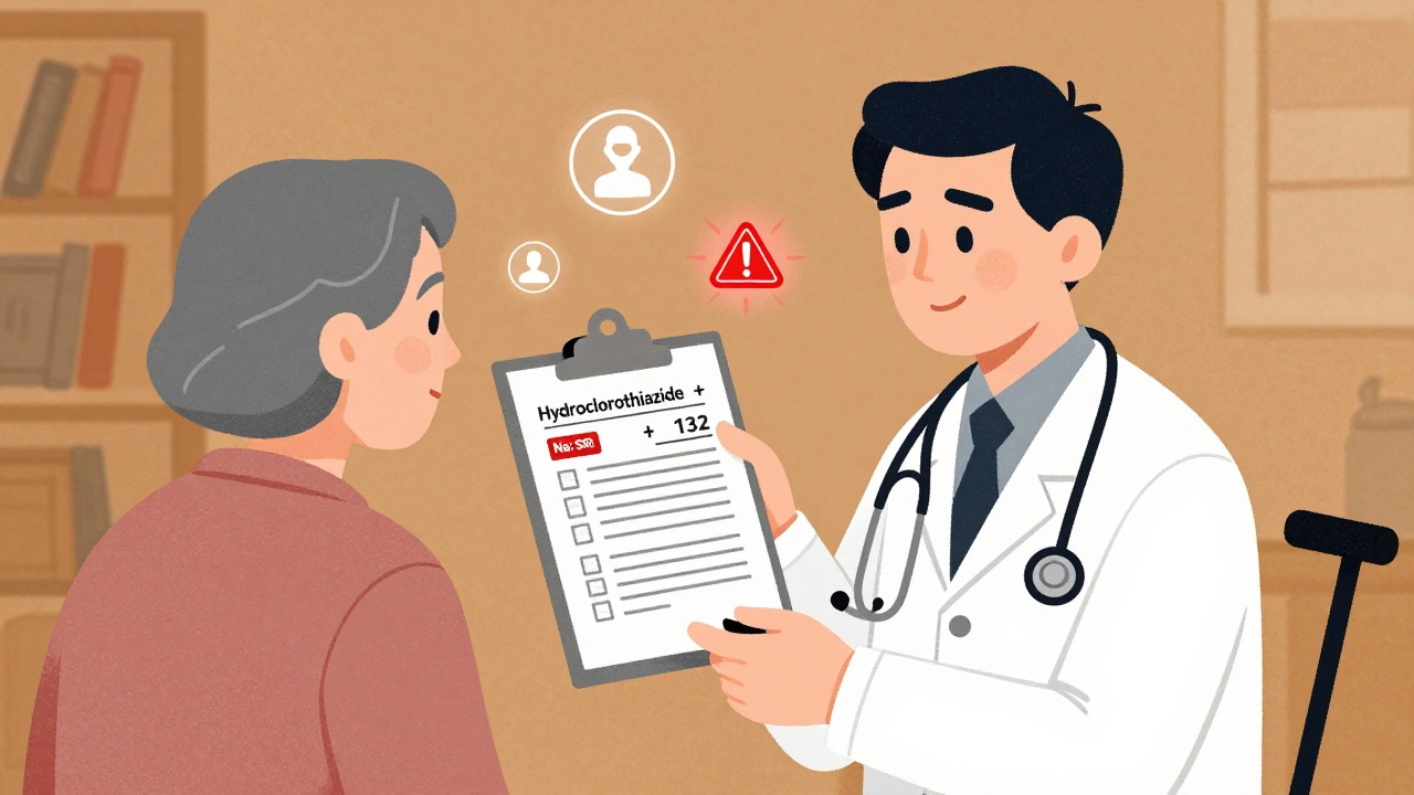 Doctor and patient reviewing blood test showing low sodium and dangerous medication combo.
