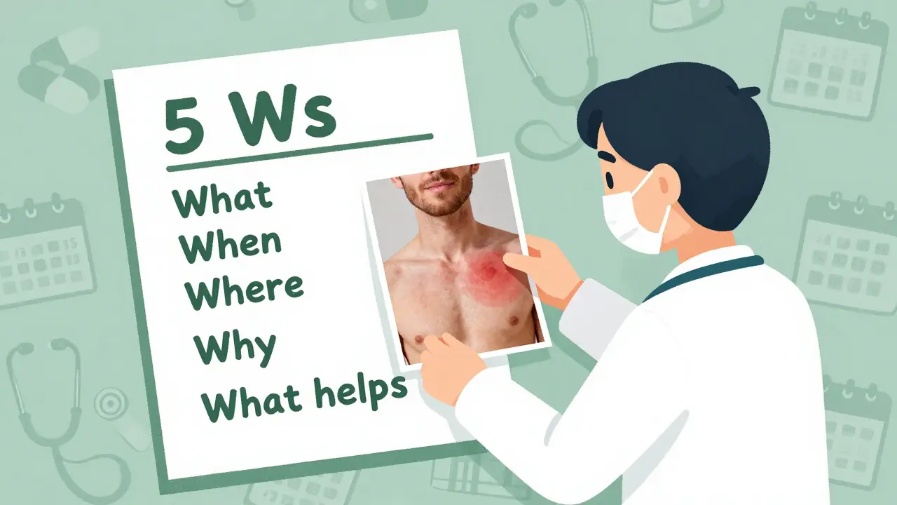 Doctor reviewing a rash photo with a 5 Ws checklist nearby.