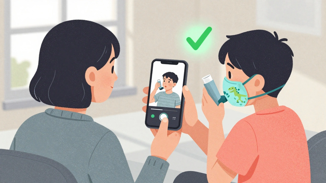 Family watching asthma technique video while child holds dinosaur mask, calm home setting, cartoon illustration.