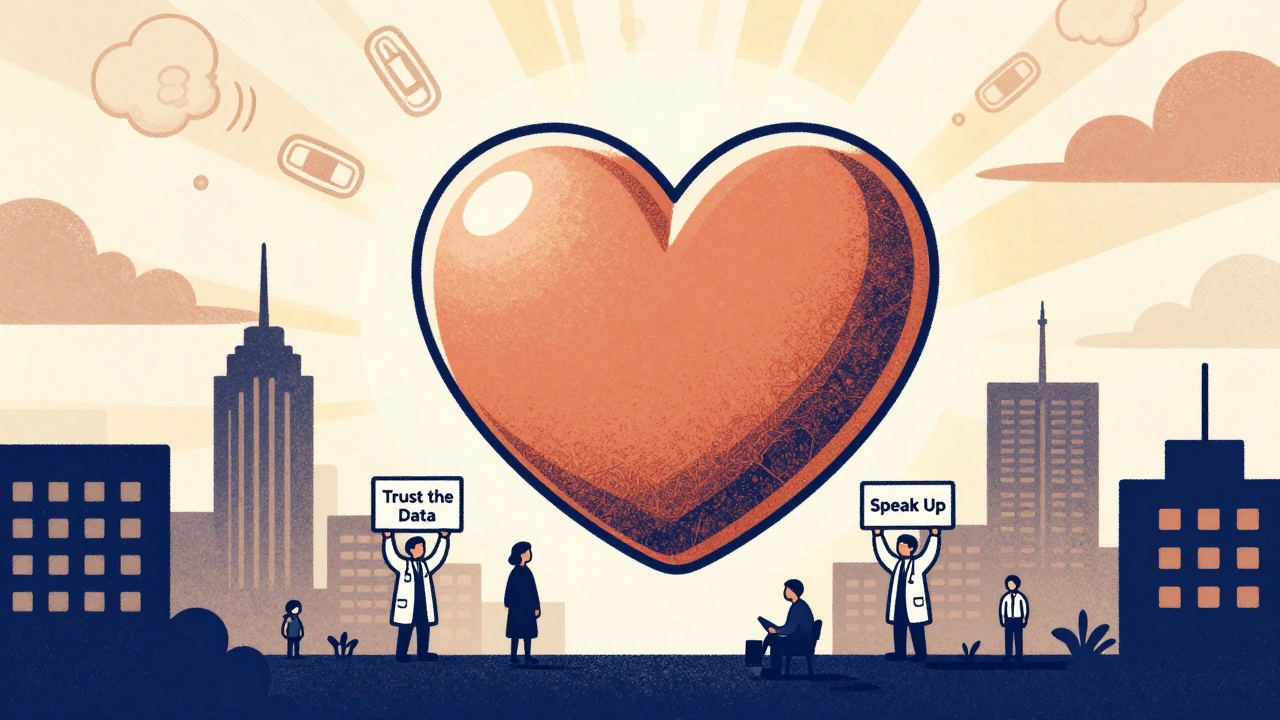 Giant generic heart pill above city, people holding signs about trust and data, sunlight breaking through