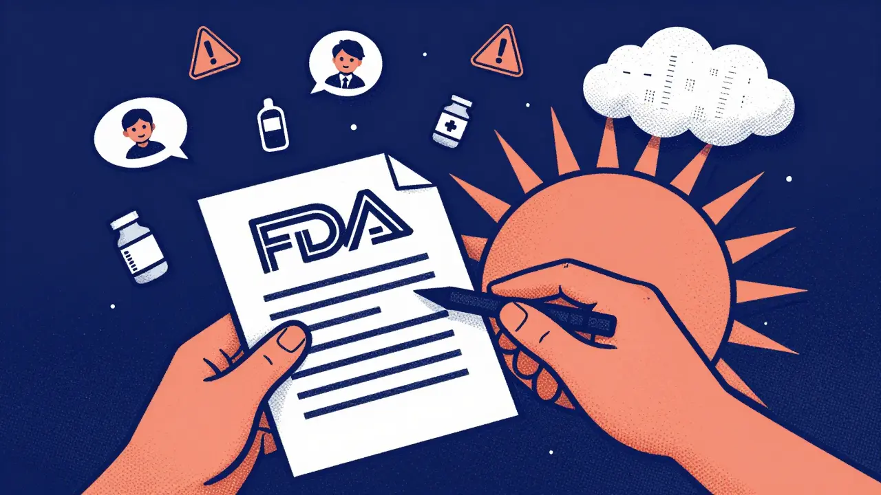 Hand submitting a report to an FDA symbol with floating patient voices and warning icons.