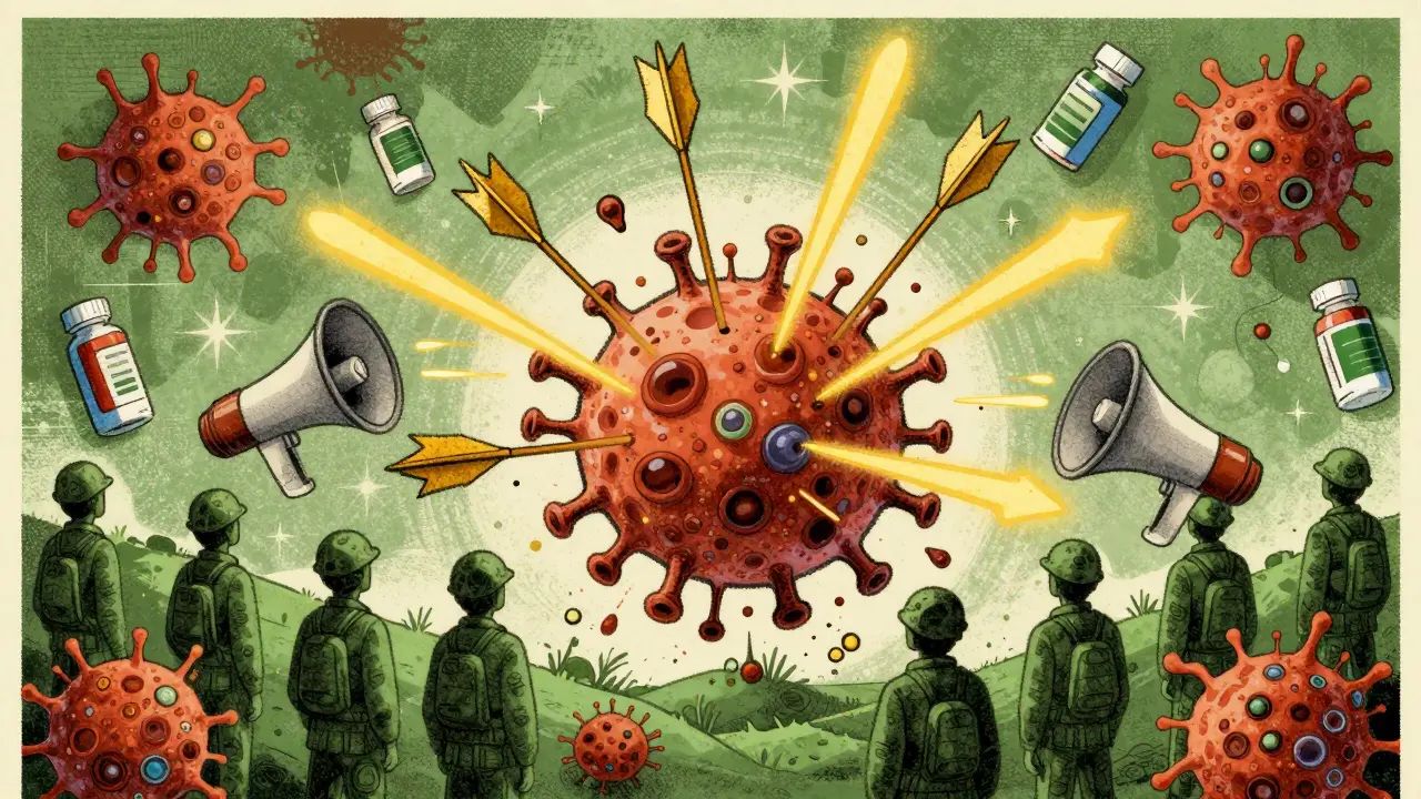 Immune cells activating around a tumor as danger signals burst from a dying cancer cell, guided by radiation and immunotherapy.