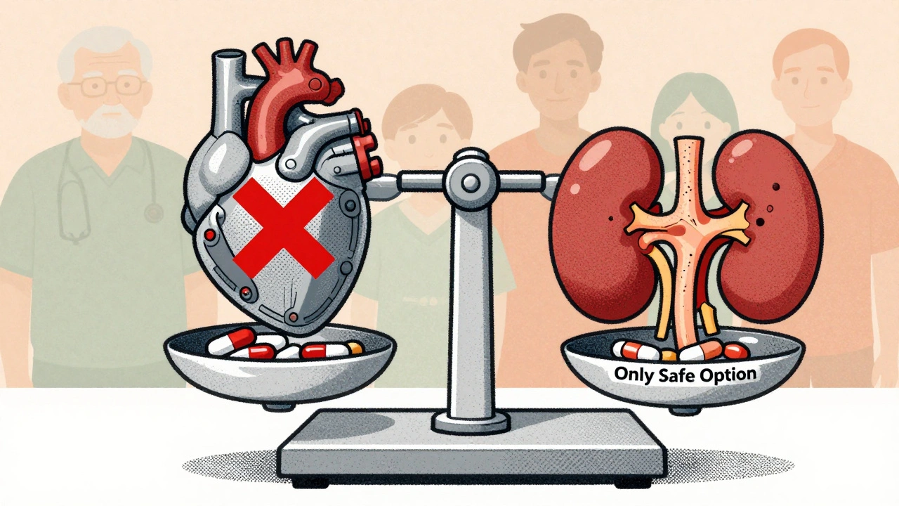 Medical scale showing warfarin as the only safe option for mechanical heart valves and kidney issues.