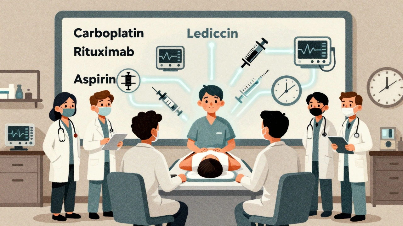 Medical team with wall chart linking drug names to a patient via glowing paths, all in risograph texture and earth tones.