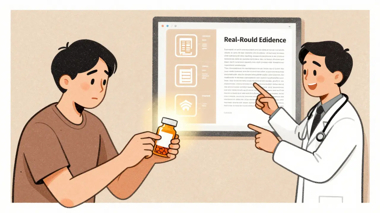 Patient comparing unlabeled pill bottle to research-backed treatment, shown in split scene with glowing data icons.