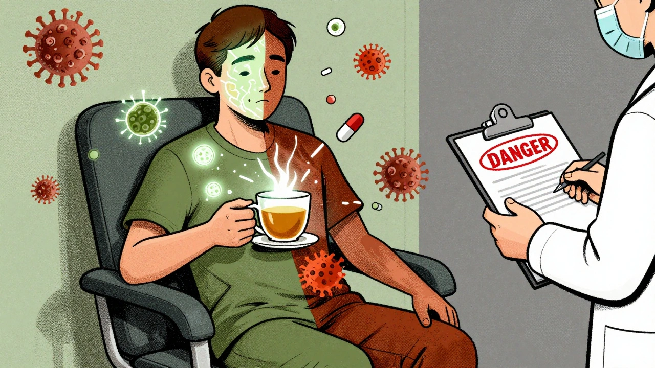 Patient holding echinacea tea, body split between active and suppressed immune cells