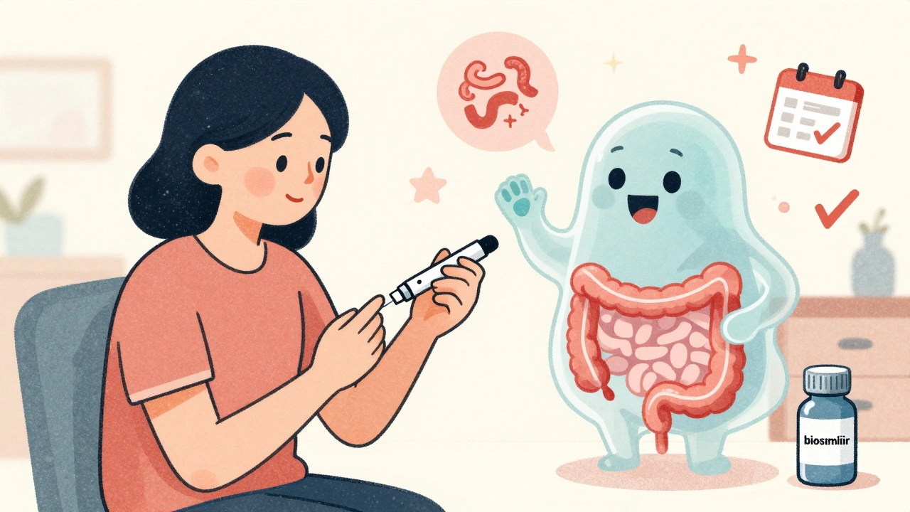 Patient self-injecting biologic with friendly immune cell and healing icons in risograph style.